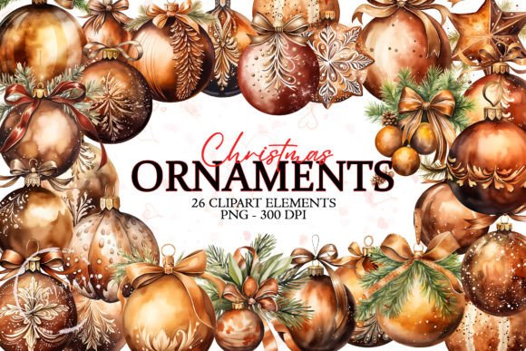Christmas Balls Brown Watercolor Clipart Illustrations