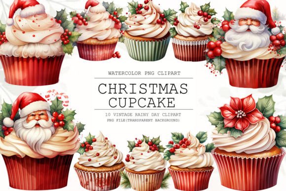 Christmas Cupcake Watercolor Clipart & Illustrations