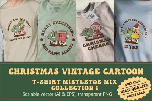 Christmas Mistletoe Mix Vintage Cartoon Illustrations