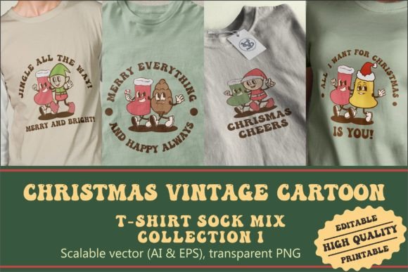Christmas Sock Mix Vintage Cartoon Illustrations
