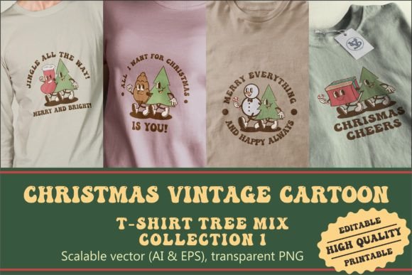 Christmas Tree Mix Vintage Cartoon Illustrations