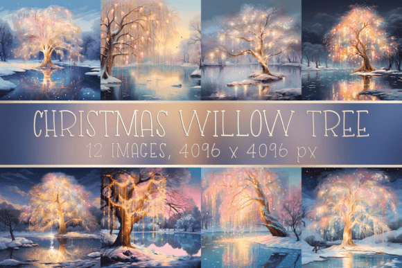 Christmas Willow Tree with Golden Lights Illustrations