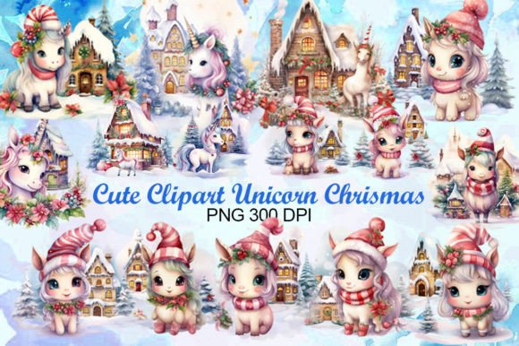 Cute Clipart Unicorn Christmas Illustrations