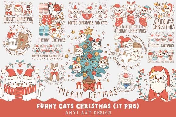 Funny Cat Christmas PNG Bundle: Festive Illustrations
