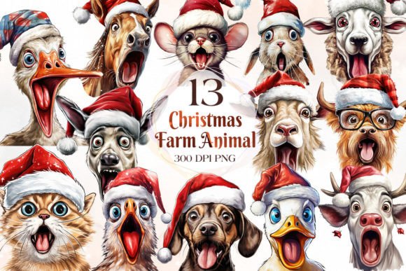 Funny Christmas Farm Animal Face Clipart & Illustrations