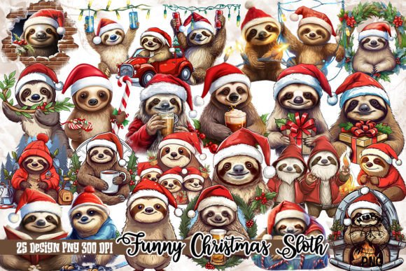 Funny Christmas Sloth Clipart PNG: Illustrations