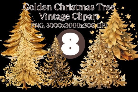 Golden Christmas Tree Clipart Bundle: Illustrations