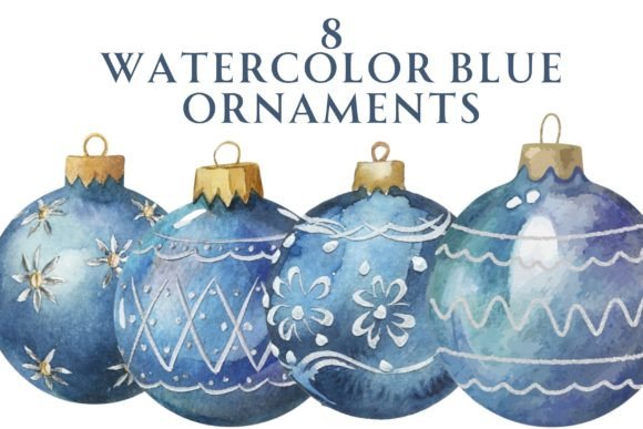 Watercolor Blue Christmas Ornaments Illustrations Review
