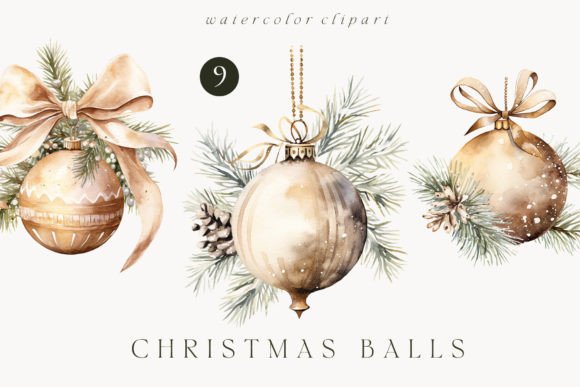 Watercolor Christmas Balls Decor Clipart Illustrations