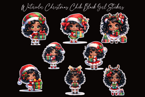 Watercolor Christmas Chibi Black Girls Illustrations