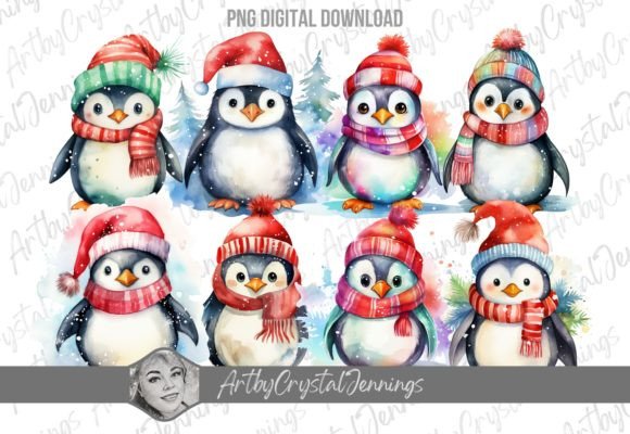 Watercolor Christmas Holiday Penguin PNG Illustrations