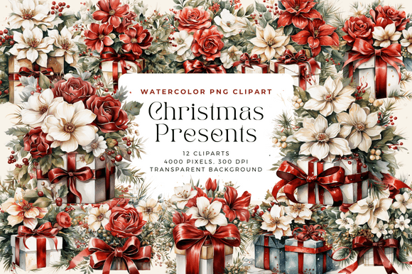 Watercolor Christmas Presents Cliparts: Festive Illustrations