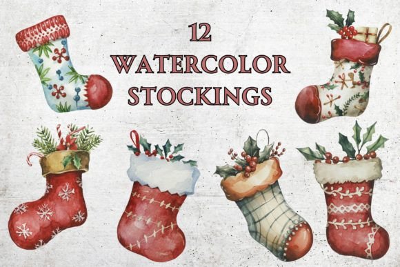 Watercolor Christmas Stockings Clip Art & Illustrations