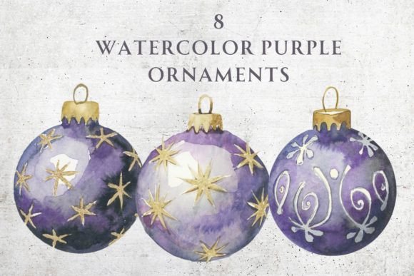 Watercolor Purple Christmas Ornaments Illustrations